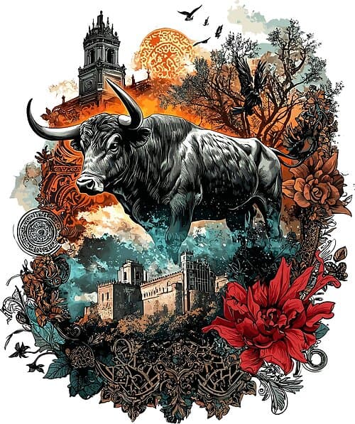 Majestic Spanish Bull And Castle Artistic Heritage Design