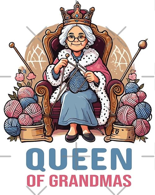 "Queen of Grandmas" with Crown and Knitting Illustration