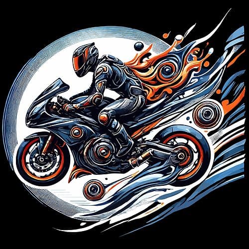 Dynamic Motorcyclist in Action with Bold Flame Art