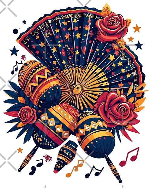 Vibrant Fiesta Fan Maracas And Roses Mexican Celebration Design