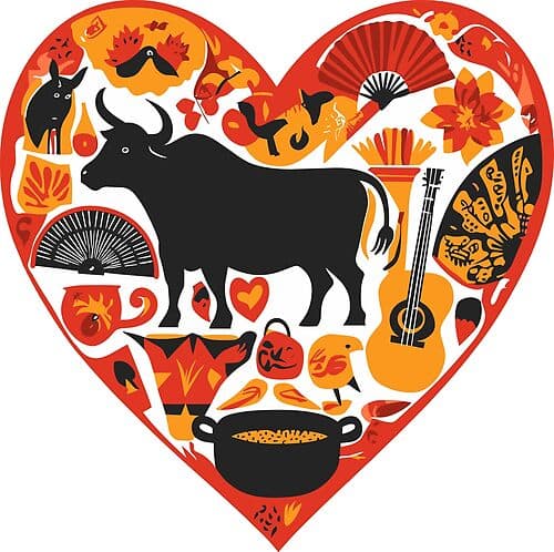 Spanish Culture Heart Design With Bull Guitar Fan And Flamenco Elements