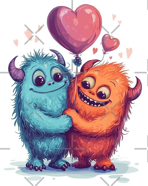 Adorable Monster Couple With Heart Balloon Cute Love Design