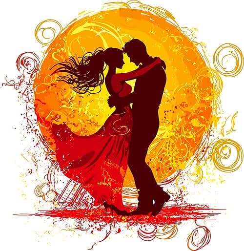Romantic Couple Dancing Silhouette Against Fiery Sunset Design