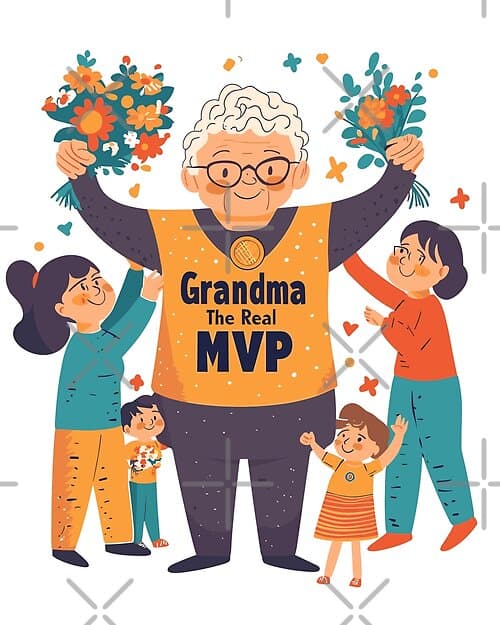 "Grandma The Real MVP" with Family and Flowers Illustration