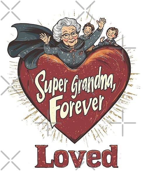 "Super Grandma, Forever Loved" with Heart and Family Illustration