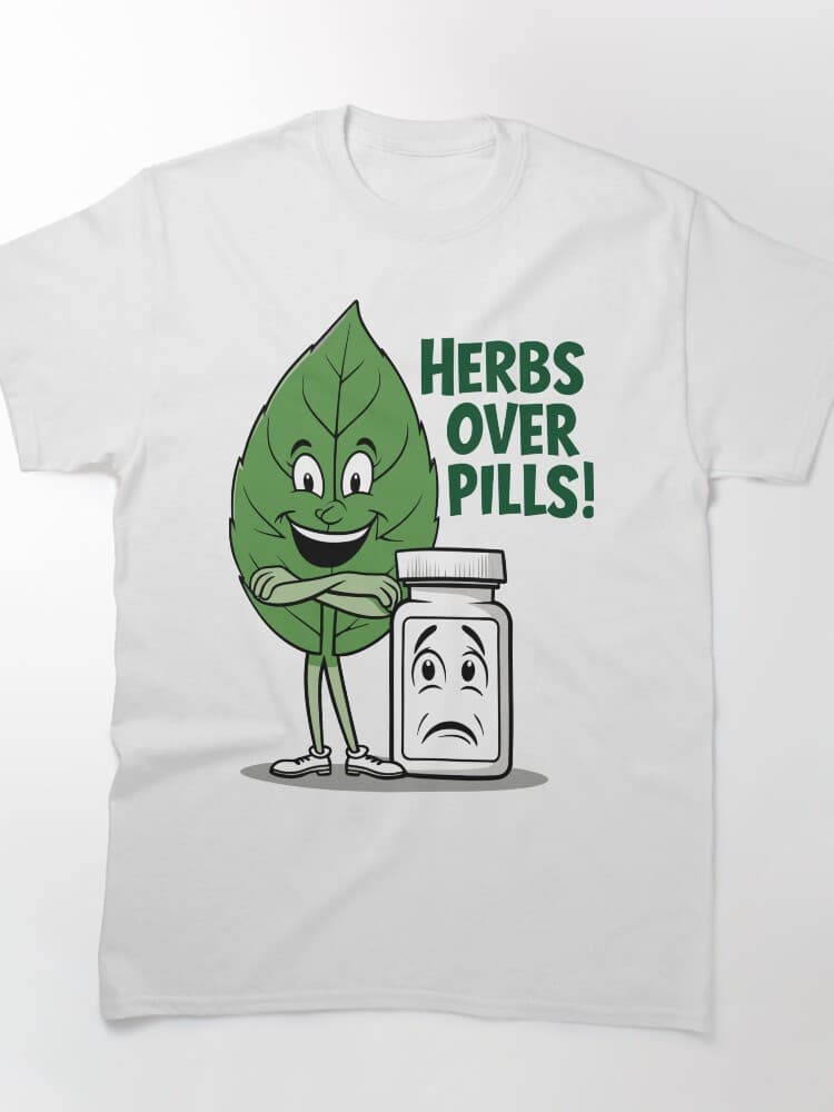 Herbs Over Pills Funny Plant-Based Wellness Cartoon Design