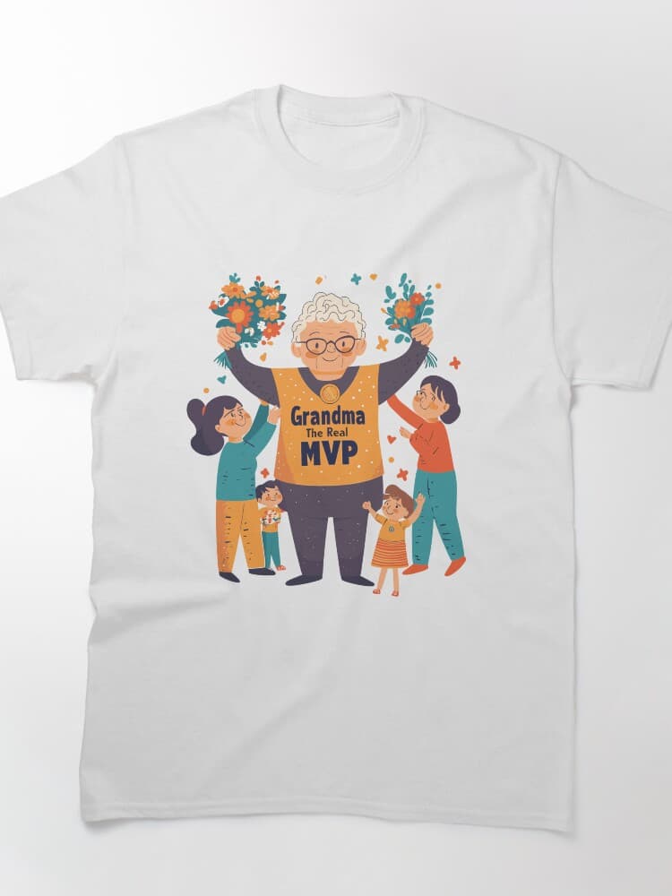 "Grandma The Real MVP" with Family and Flowers Illustration