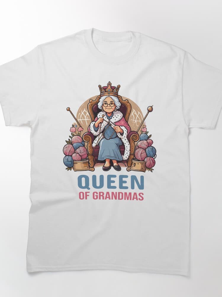 "Queen of Grandmas" with Crown and Knitting Illustration