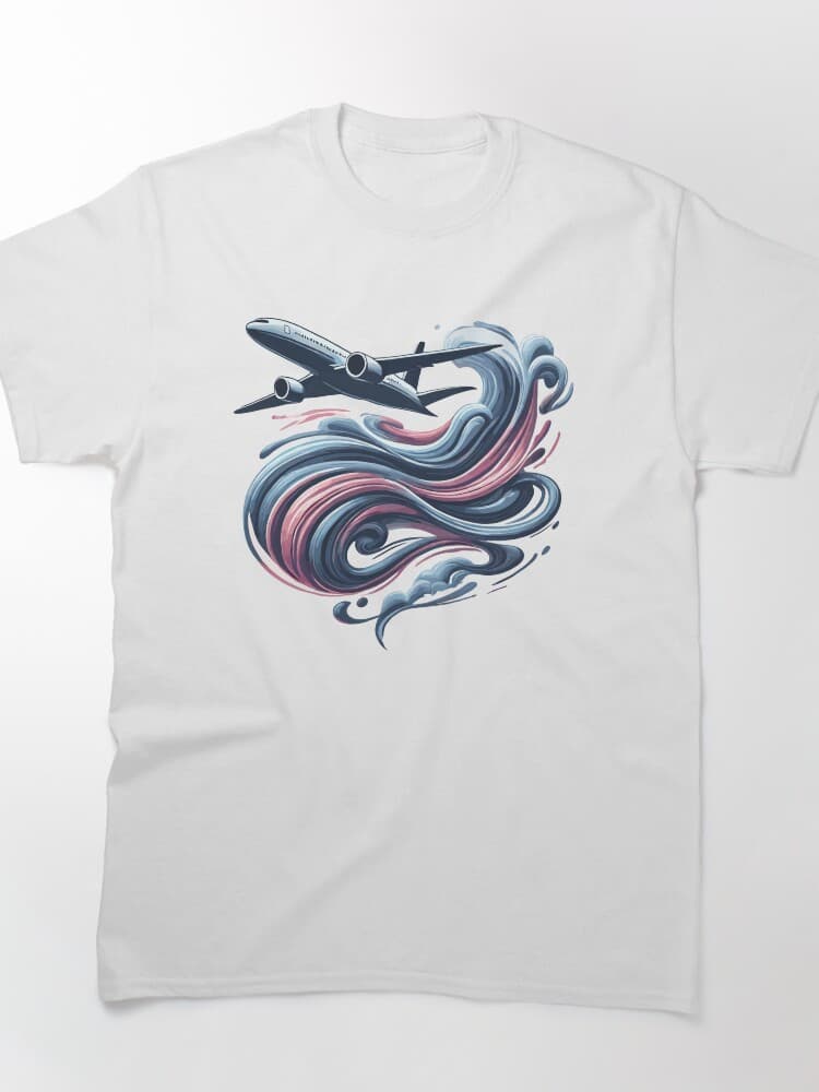 Airplane in Motion with Abstract Cloud Swirls
