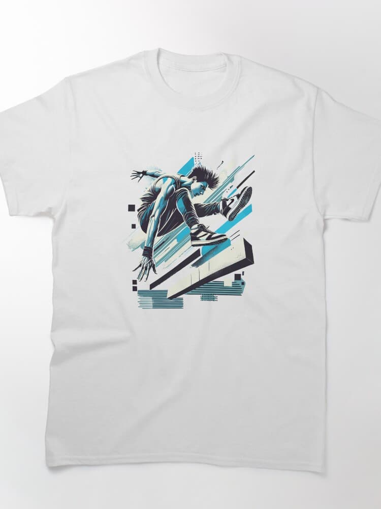 Parkour Athlete Mid-Jump with Bold Abstract Lines
