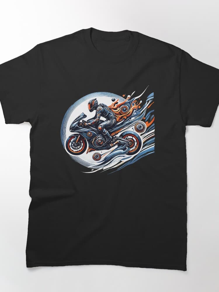 Dynamic Motorcyclist in Action with Bold Flame Art