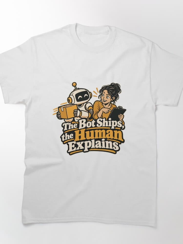 The Bot Ships, the Human Explains Comic Tee – AI Hype and Reality Check design