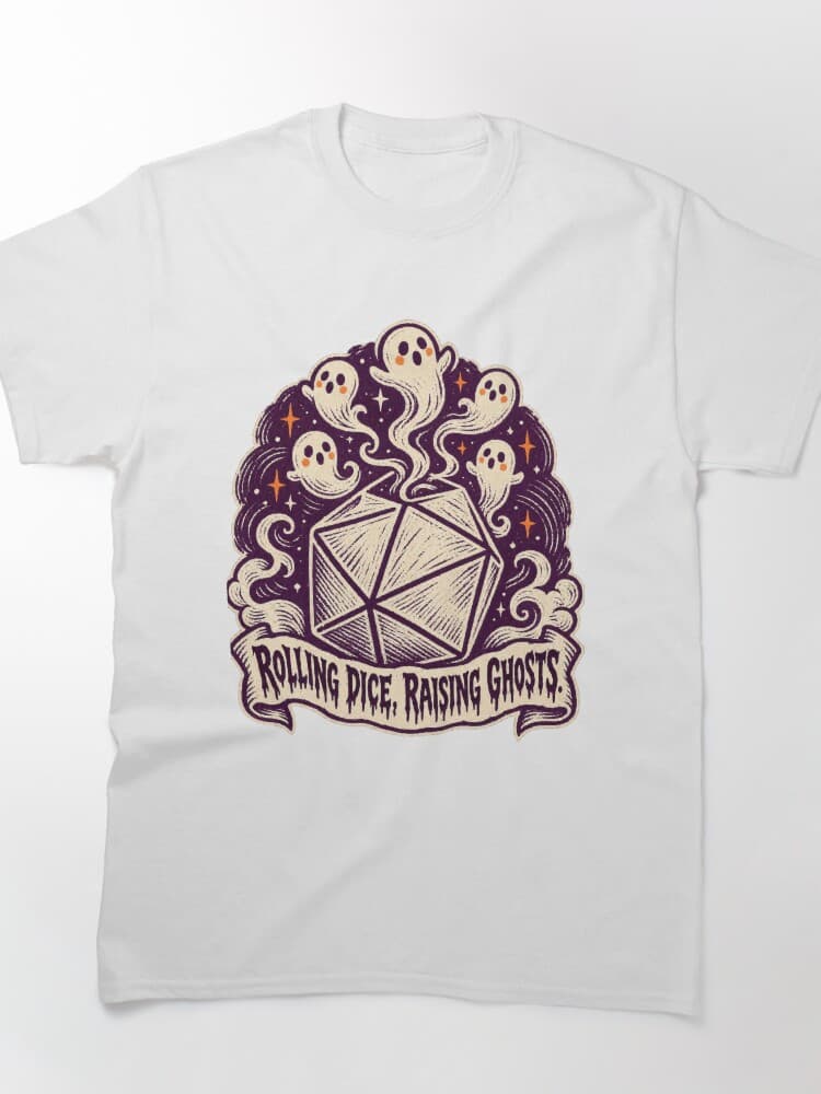 Rolling Dice Raising Ghosts Tabletop Gamer Halloween D20 Woodcut design