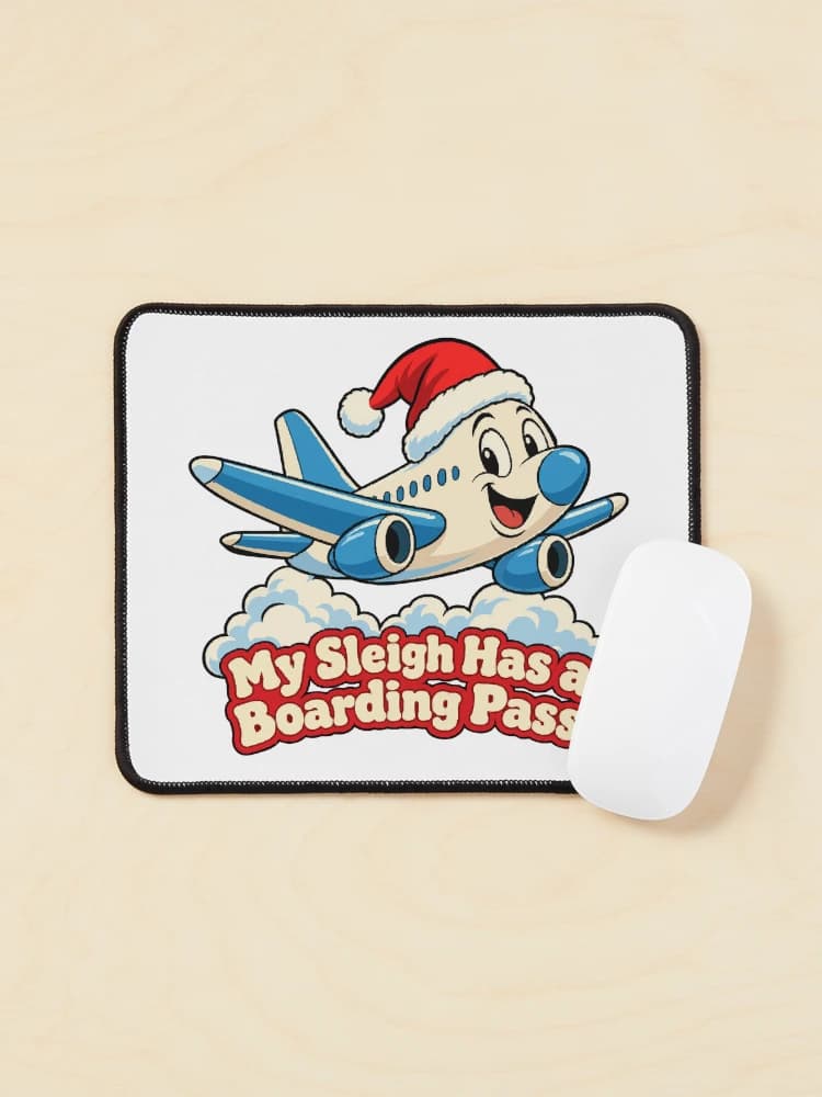 My Sleigh Has a Boarding Pass Cartoon Airplane Christmas Travel on a Mouse pad
