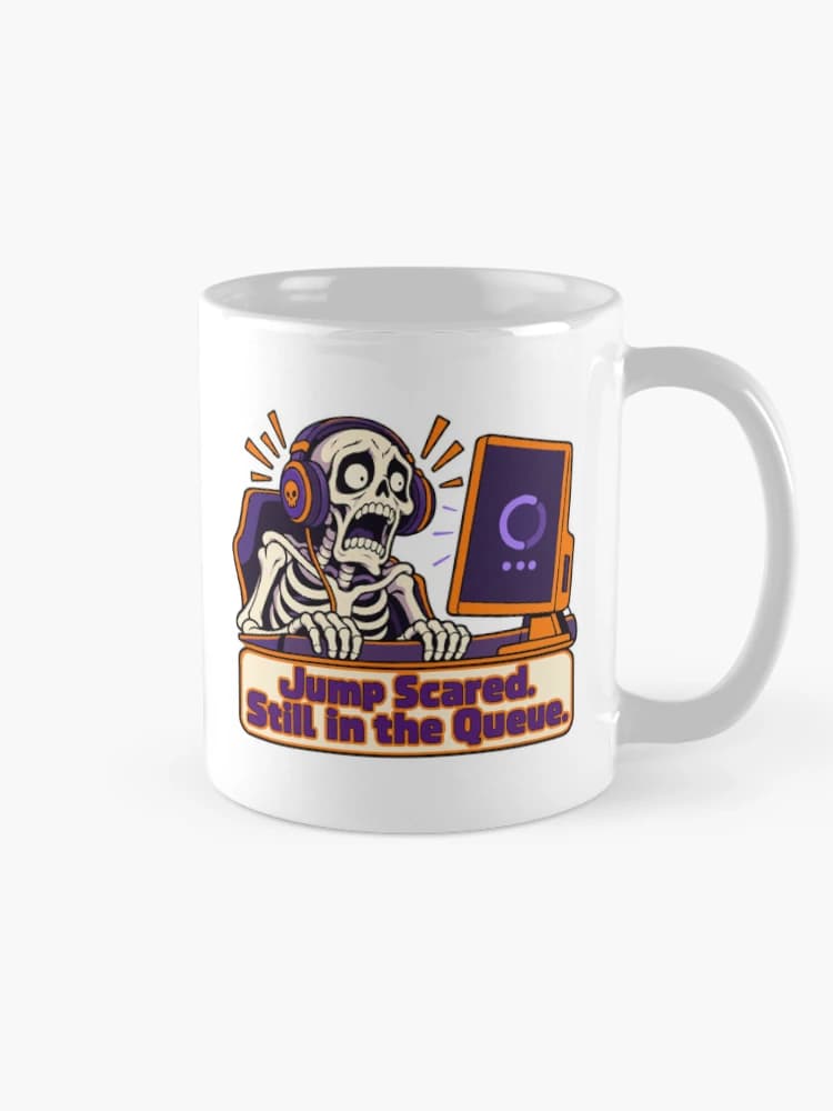 Jump Scared. Still in the Queue. Gamer Skeleton Halloween Humor on a Mug