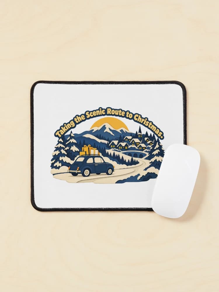 Taking the Scenic Route to Christmas Winter Road Trip Travel Art on a Mouse pad