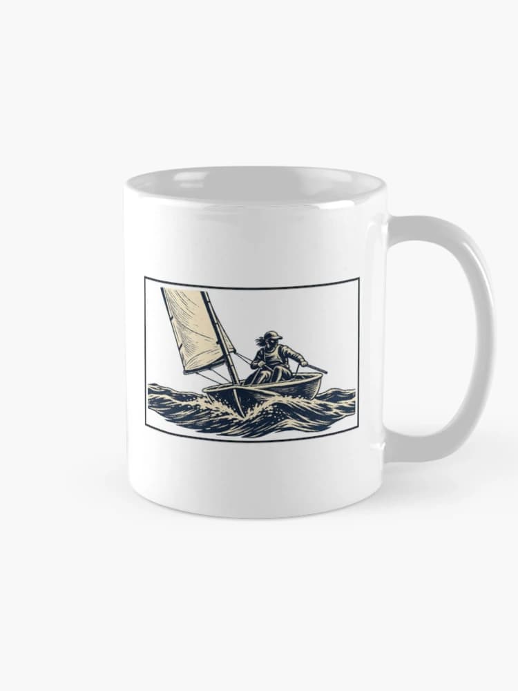 Dinghy Sailing Bow View Small Sailboat Carved Print Style on a Mug