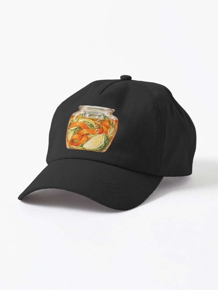 Fermentation Crock with Cabbage and Carrot Sauerkraut Art on a Hat